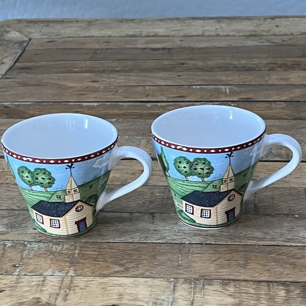 Sango Green Acres Coffee Tea Mugs Set of 2 3.25" Farmhouse Country Vintage 1995